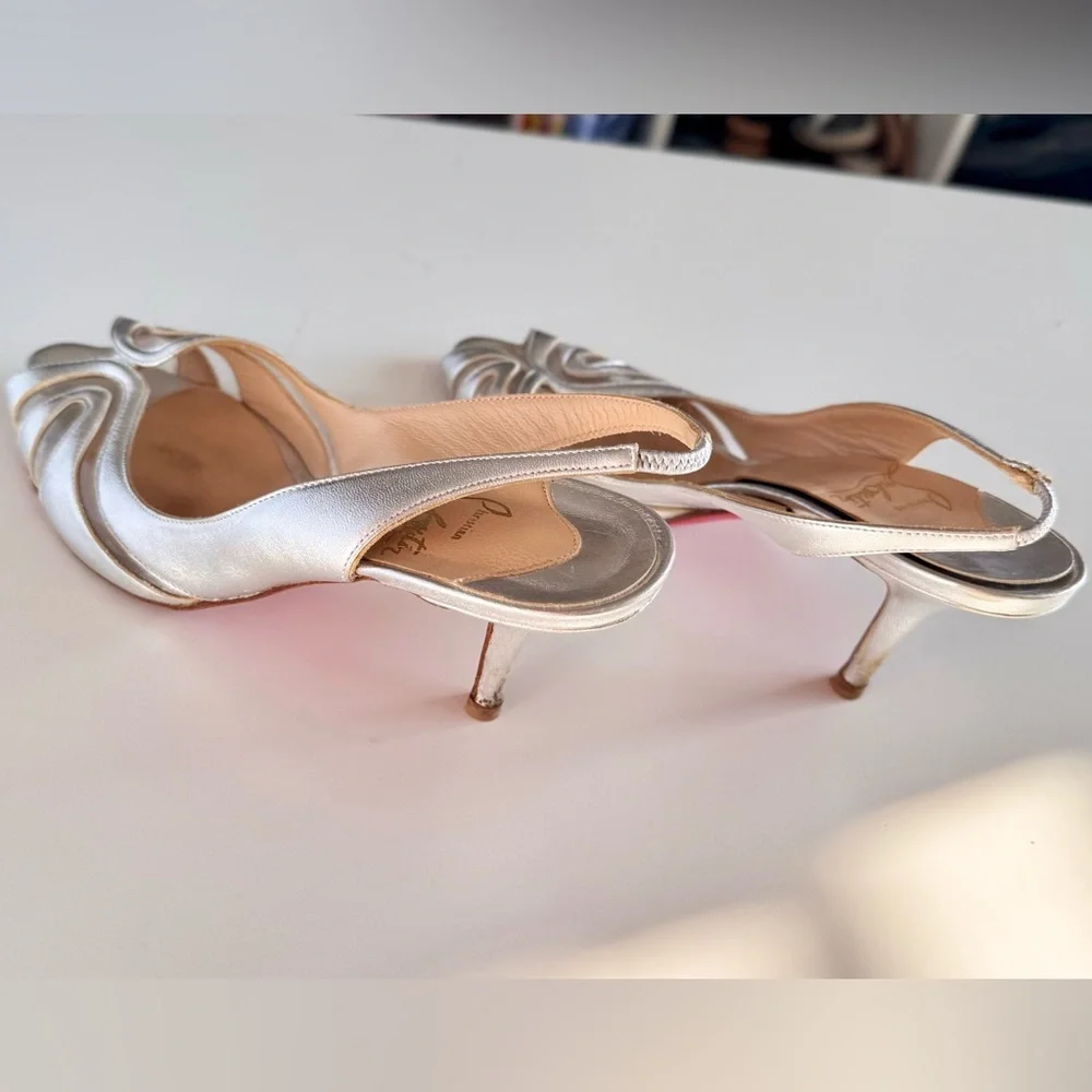 CHRISTIAN LOUBOUTIN 3” Silver Leather Slingback Sandals High Heels Women’s Shoes